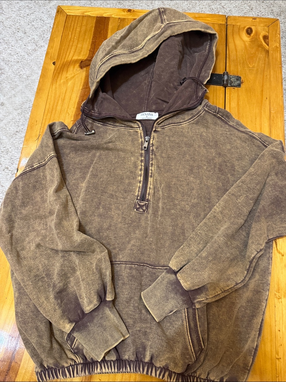 Zenana Outfitters Vintage Washed Brown Zip Hoodie